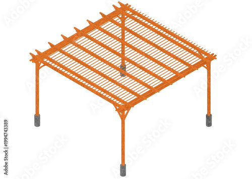high angle isometric 3d render of a wooden patio pergola displaying detailed slatted roof grid framework and timber pillars with concrete bases for outdoor landscape architecture.