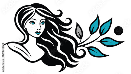 Woman with long black hair and a branch with teal and gray leaves, beauty and nature design