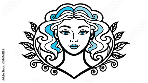 Symmetrical female portrait with intricate blue hair highlights and ornate circular framing