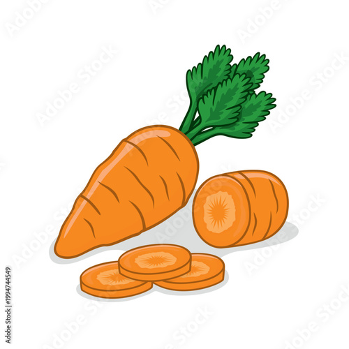 Fresh Root Vegetable Carrot with Green Leaves and Slices Graphic