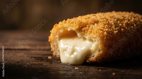 Golden crusted fried pastry with melted white cheese filling oozing out on dark wooden rustic table, closeup food photography, delicious snack dessert concept, warm appetizing texture