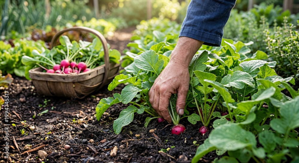 Fototapeta premium Harvesting fresh radishes in organic garden