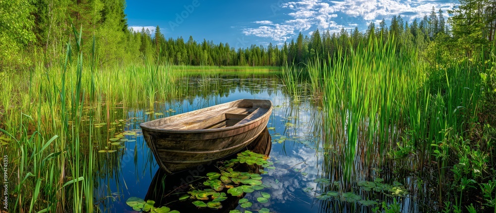 Obraz premium Rustic Rowboat on Serene Forest Lake. 