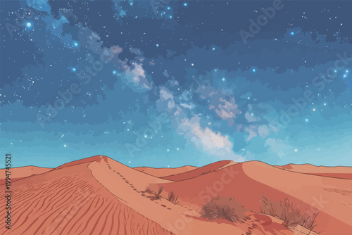 Starry Night Over Desert Dunes with Milky Way