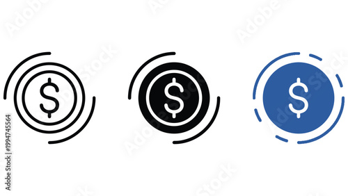 Dollar coin icon representing money, finance and currency. Flat financial symbol for income, profit, payments, banking, investment, savings and business cash flow in modern user interface design.