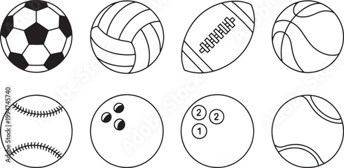 Black and white line collection of eight different sports balls soccer ball volleyball