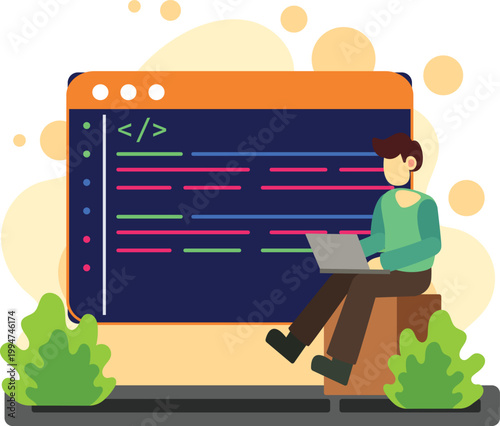 Man coding software on laptop with interface illustration