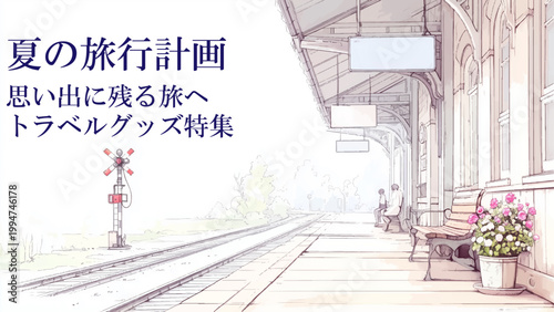 水彩風の駅と電車が旅情を誘う夏の旅行計画バナー
