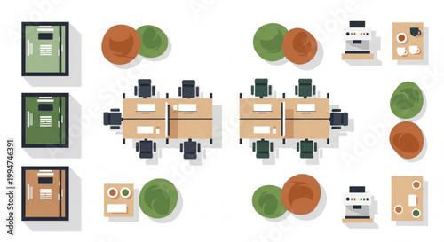 Top View Startup Office Symbols Collection with Coworking Desks Bean Bags Phone Booths Monitors and Coffee Stations Clean Vector Style