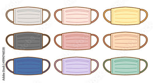女性向けプリーツ型カラーマスクのイラスト9点セット｜不織布・衛生用品