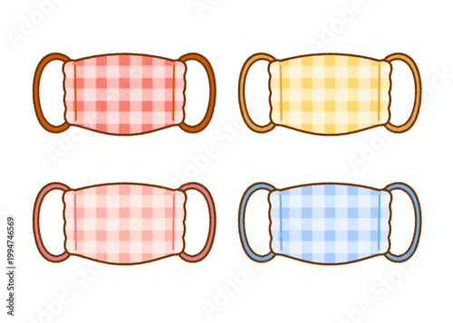子ども向けチェック柄の布マスクイラストセット｜平型・衛生用品