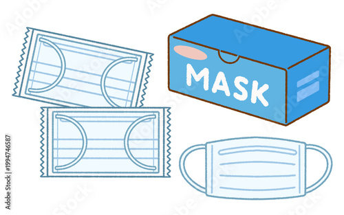 個包装マスクのイラストセット｜プリーツ型マスク・衛生用品