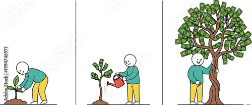 Vector illustration of human nurturing money tree from sapling to full growth symbolizing investment, prosperity, and financial success