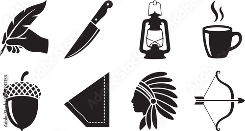 Collection of eight black and white silhouette representing writing a quill pen knife lantern coffee cup acorn native american headdress and bow and