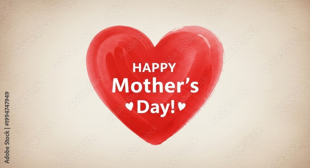 Fototapeta premium Vintage Happy Mother's Day greeting card, watercolor red heart on textured paper background, nostalgic holiday celebration message