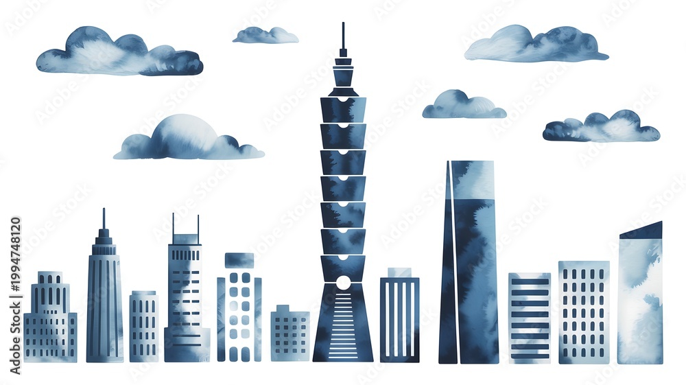 Fototapeta premium Modern skyscrapers and Taipei 101 illustration