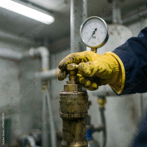 A close-up of a person's hand wearing yellow gloves pressing a valve with a pressure gauge. Technician hands adjusting pipeline pressure gauge.