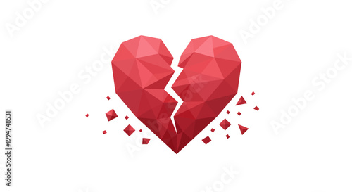 Geometric Heartbreak A Polygon-Style Illustration of a Shattered Red Heart Symbolizing Loss and Emotional Pain