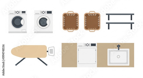 Top View Laundry Room Vector Set with Washing Machines Dryers Baskets Ironing Boards Sinks and Shelves for Utility Floor Plans