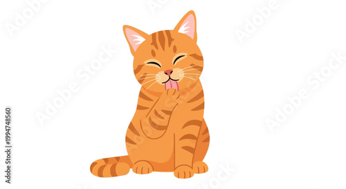 Adorable orange tabby cat sitting and licking its paw with its eyes closed in a cute and playful manner
