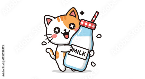 Cute Cartoon Cat Holding a Bottle of Milk with a Straw, Happy Pet Enjoying Dairy Beverage