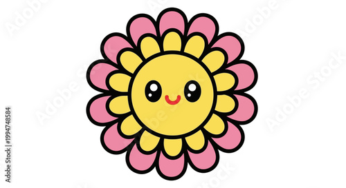 Cute cartoon flower with yellow center and pink petals, illustration for children's designs and decoration