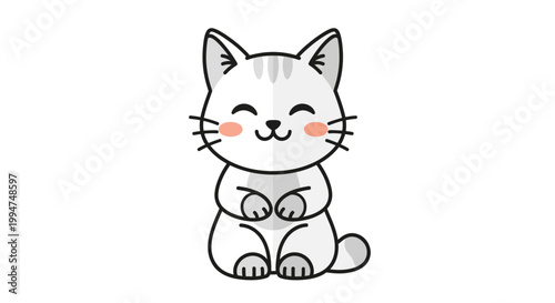 Cute cartoon illustration of a playful white cat with gray stripes, sitting peacefully