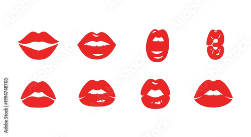Collection of Red Lips Icons Representing Different Expressions and Emotions