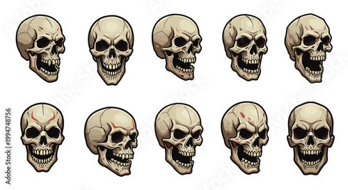 Set of Five Scary Skull Illustrations with Different Expressions and Angles, Presented on a White Background