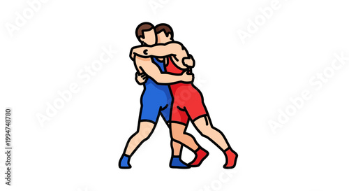 Two wrestlers in red and blue singlets engaged in a match, demonstrating strength and agility in a dynamic combat sport