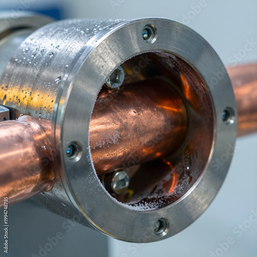 A close up of a metallic object with water droplets on it.. Frost covered cryogenic copper pipe close up.
