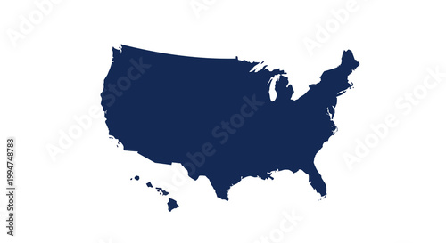 Stylized blue silhouette of the continental United States map, representing American geography and national identity on a clean white background, ideal for various design projects