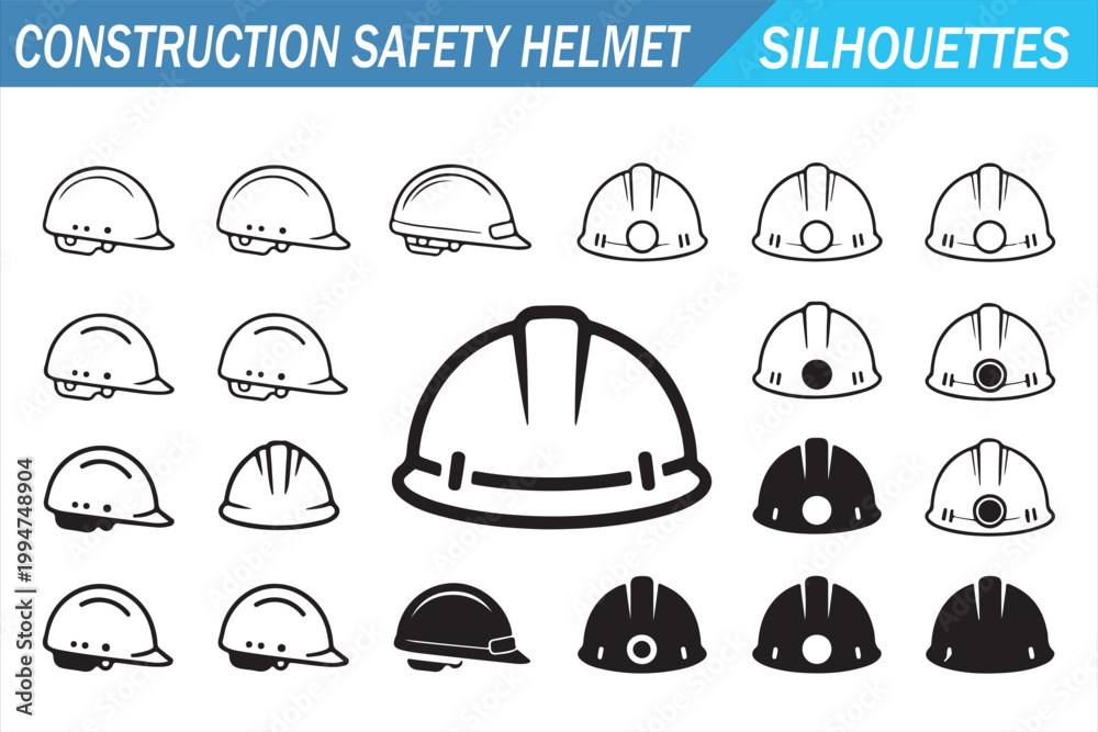 Fototapeta premium Construction worker helmet silhouettes for engineering labor and workplace safety graphics
