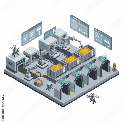 Automated Industrial Manufacturing Production Line with Robotic Arms.