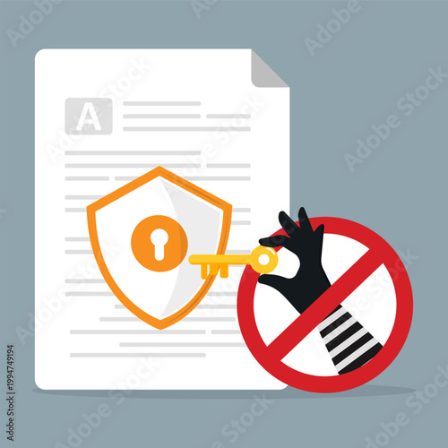 Document protection with shield and lock blocking on hand of theft. Cybersecurity concept showing data security, privacy protection, access control, and prevention of unauthorized access