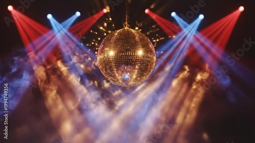 Spinning Disco Ball with Red and Blue Spotlights in a Smoky Nightclub