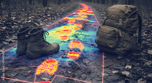 Thermal Footprints Tracking Path with Tactical Boots and Backpack