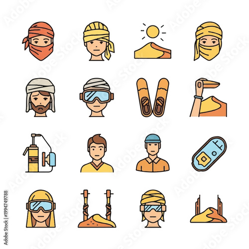 Desert Adventure Icons Set Featuring People and Gear.