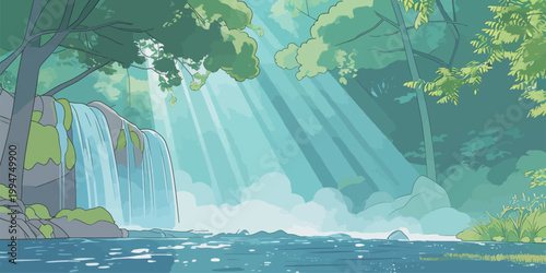 Serene Forest Waterfall with Sunlight Rays