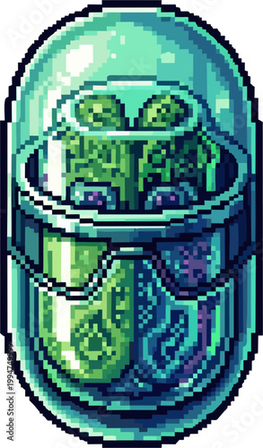 Pixel art illustration of a specimen jar containing a mysterious green alien organism, a science fiction concept