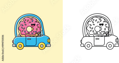 Cute pink donut character driving a blue car illustration, set of colored and outline versions for kids coloring book, kawaii food mascot vector design for educational activities.