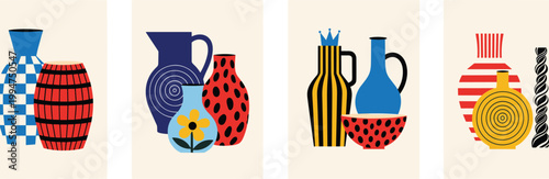 Collection of Colorful Ceramic Vases with Abstract Patterns, Artistic Home Decor, Vintage Style, and Floral Designs for Interior Decoration