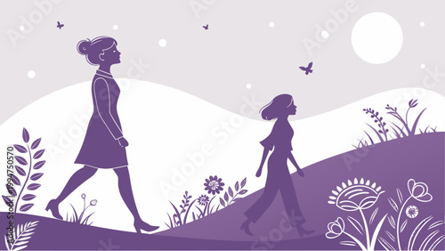 Two people walking together on a purple hillside at night
