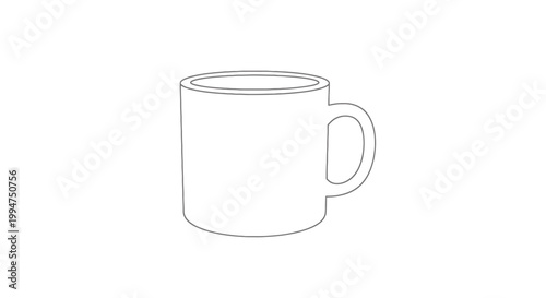 A simple line art illustration of a plain white ceramic coffee mug with a handle on a white background.