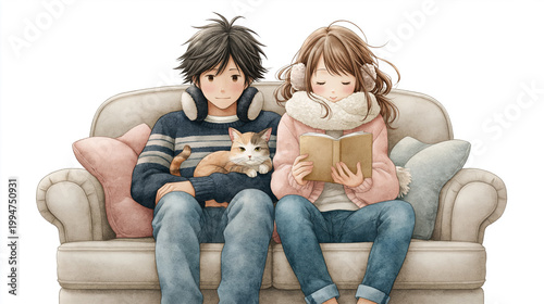 Watercolor illustration of cozy couple reading on sofa with cat