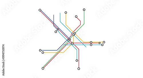 A schematic diagram illustrating a multi-line public transport network with intersecting routes and stations.