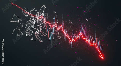 Global Stock Market Crash Concept with Red Arrow and Shattered Glass