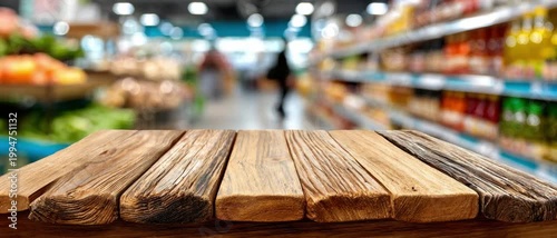 Wooden Table in Grocery Store: A detailed shot of an empty wooden table with blurred shelves. Perfect for product displays or showcasing grocery items.