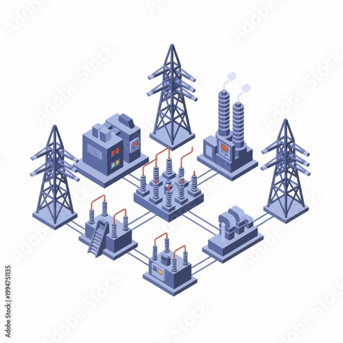 Electrical power grid substation with transmission towers and industrial buildings.