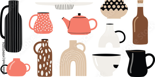 Set of Modern Ceramic Kitchenware, Teapot, Jugs, Vases, and Bowls with Abstract Patterns, Minimalist Kitchen Decor